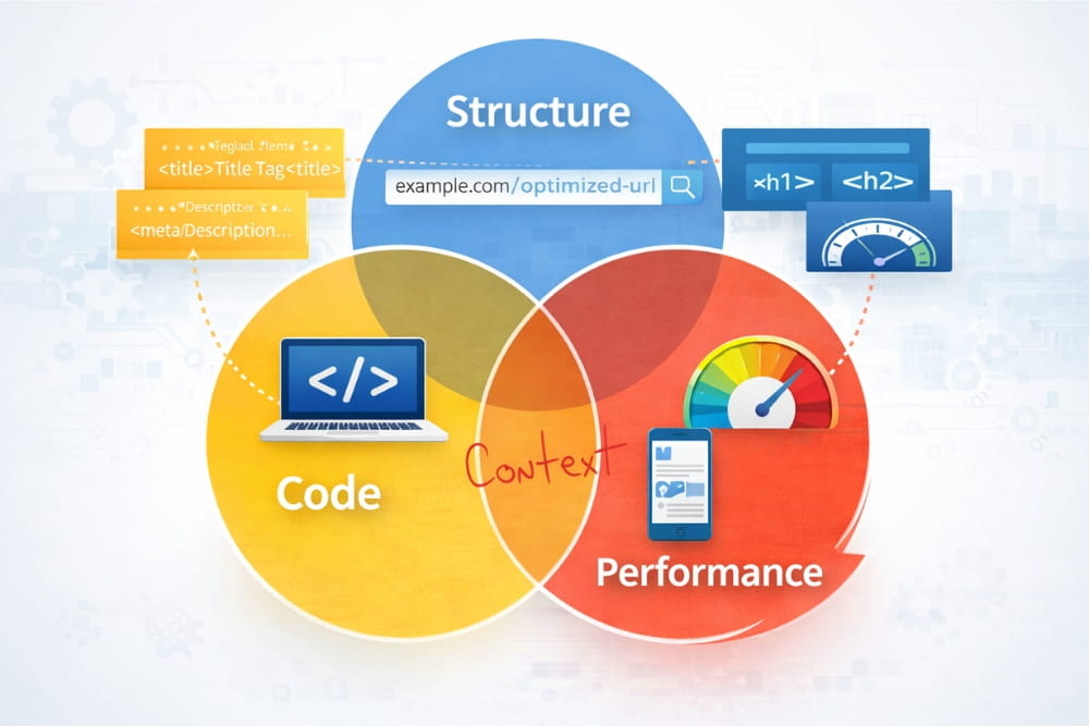 Visual diagram explaining the relationship between performance and essential Cs of SEO code