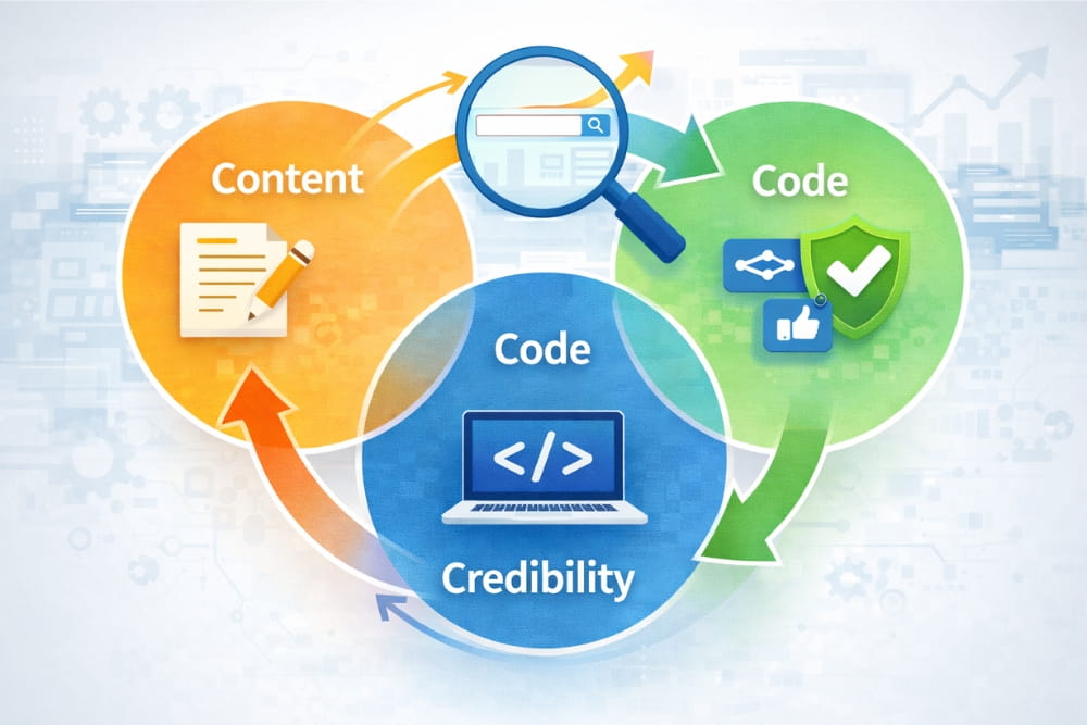 Diagram illustrating how 3 Cs work together via Content, Code, and Credibility