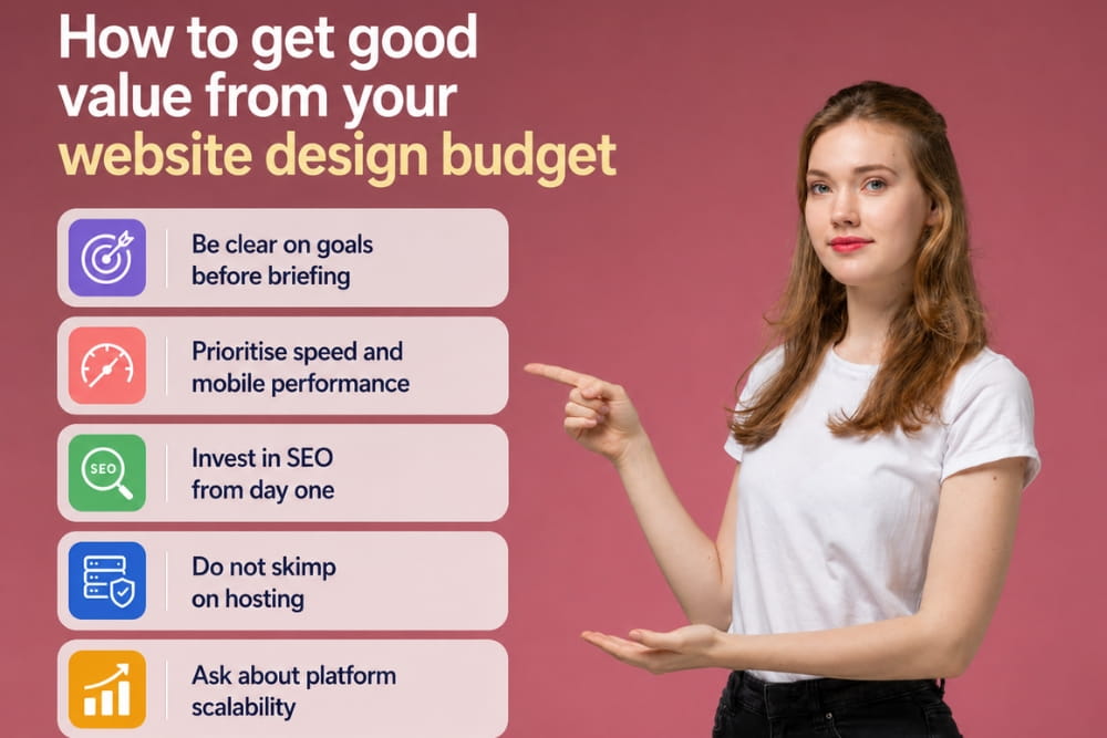 Woman points to infographic listing tips for a website design budget