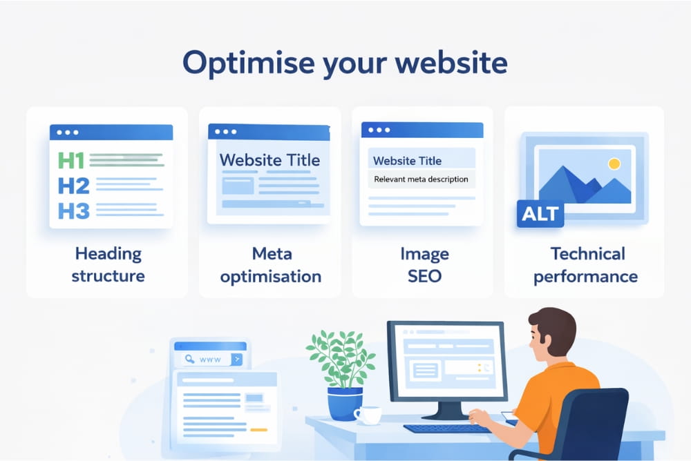 Illustration showing key web design elements for avoiding SEO best practices mistakes