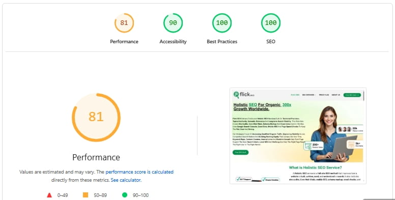 SEO report dashboard displaying high accessibility and website design quality
