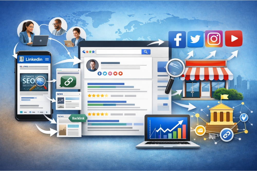 Illustration debunking seo myths: Social media has no impact on SEO connectivity