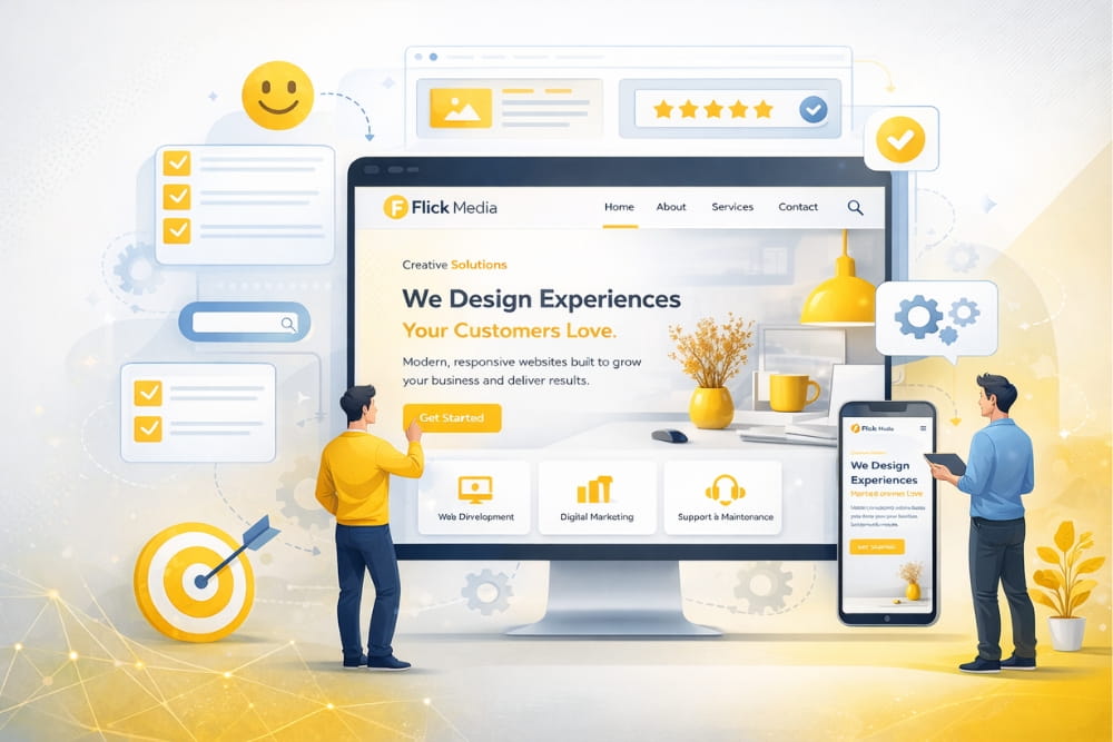 Illustration of designers optimising a responsive website for better user experience