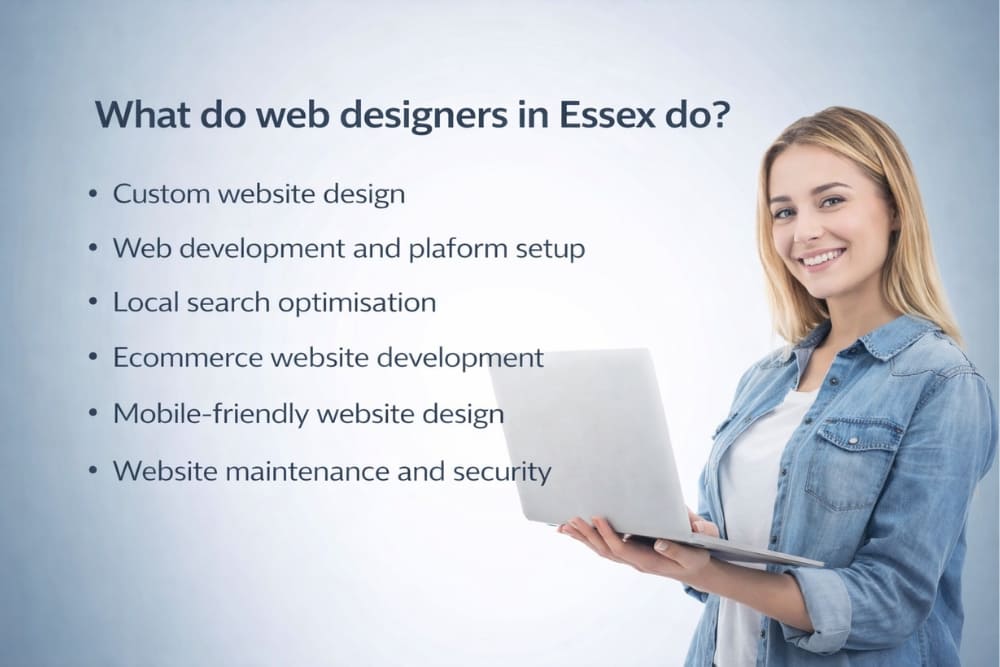 Smiling professional presents digital solutions and local web designers services list