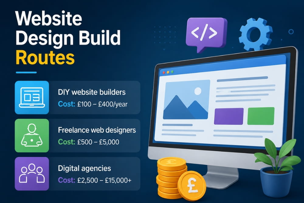 Diagram detailing website design build routes and costs for DIY, freelancers, and agencies