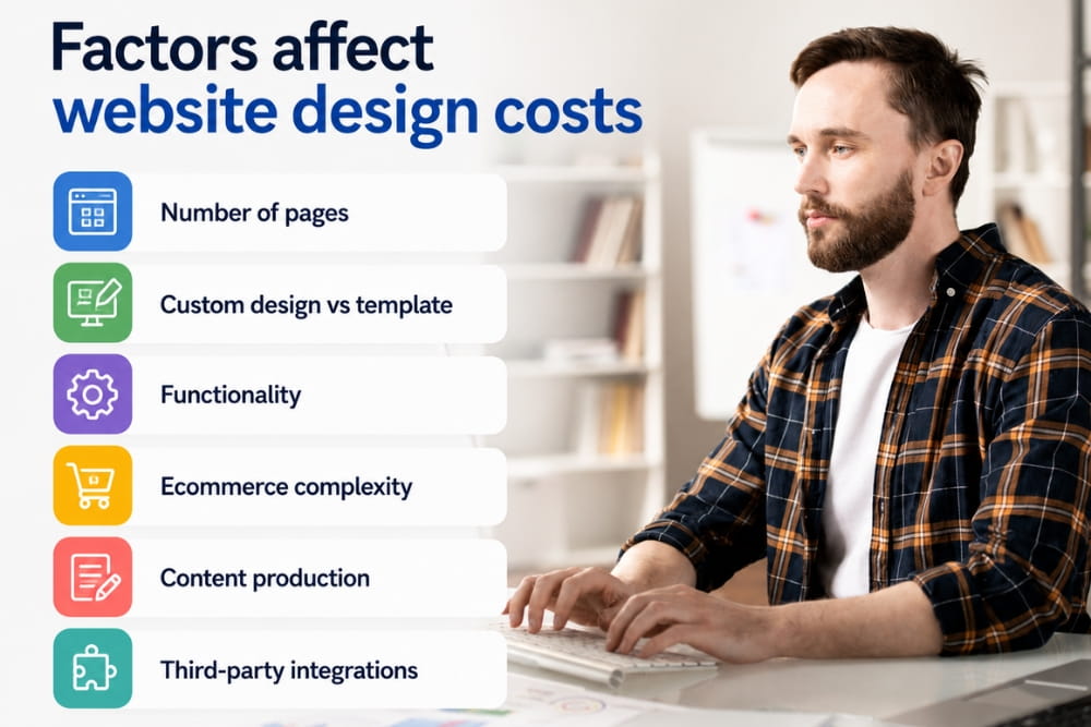 Infographic listing website design cost factors next to a male designer typing