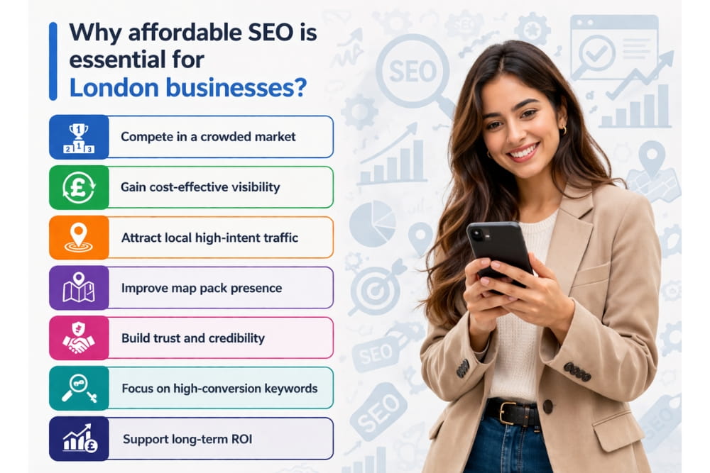 Infographic with icons explains why affordable SEO services in London matter