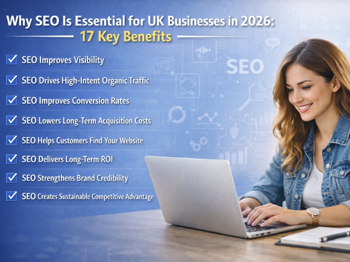 Woman uses laptop illustrating why SEO is essential for UK businesses