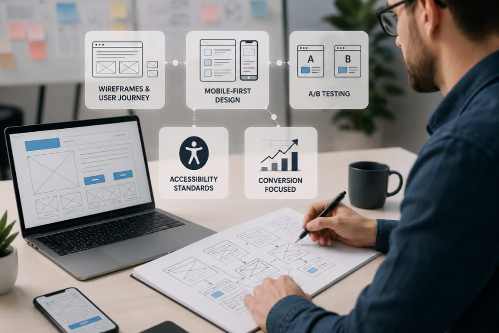 Professional evaluates mobile-first design and accessibility to assess design agency UX credentials