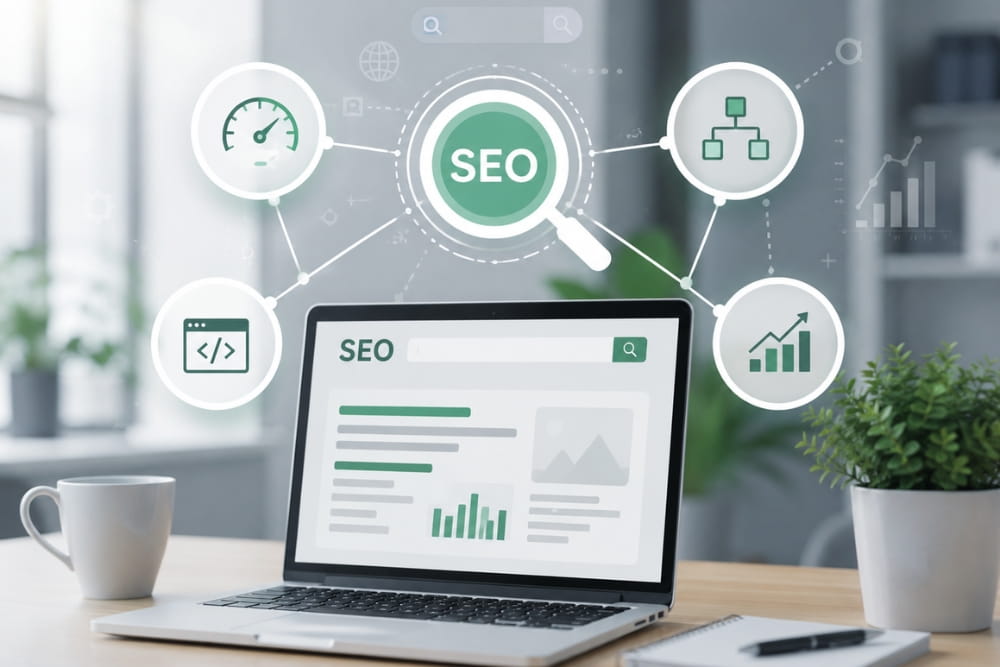 Web design agency SEO integration icons float above a modern laptop