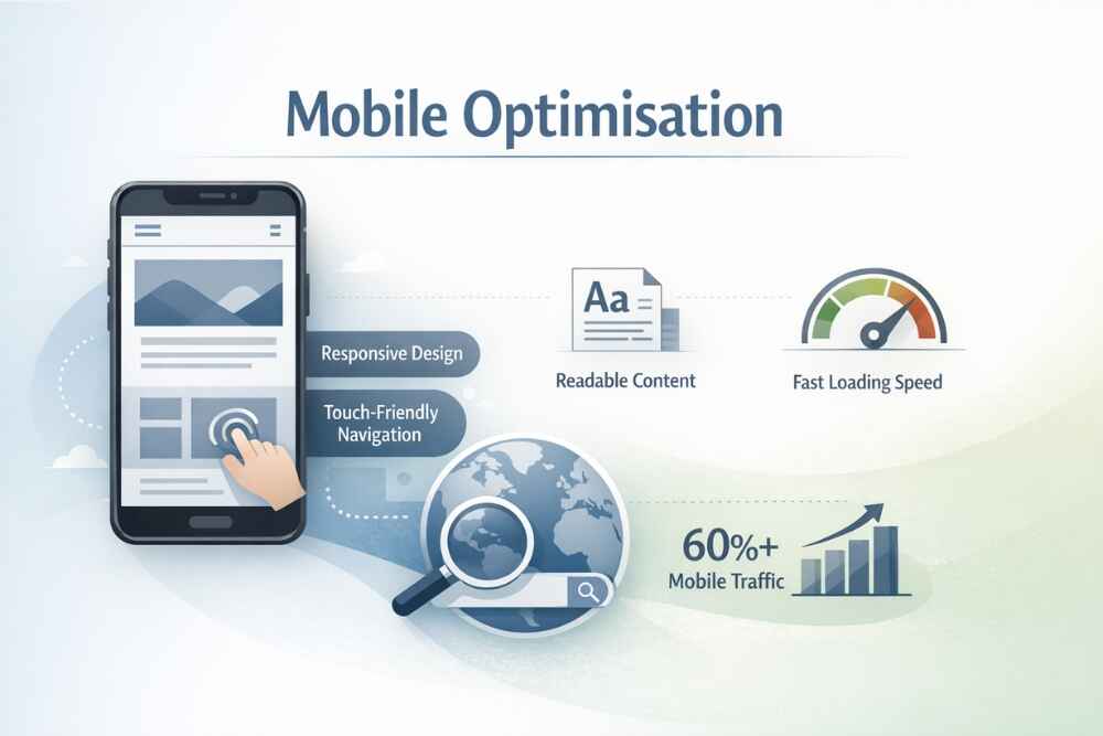 Infographic showing mobile optimisation elements like responsive design, readable content, and fast loading speed for 60%+ mobile traffic