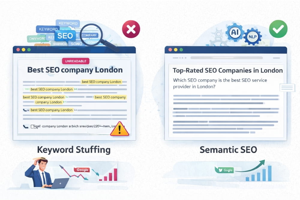 Illustration comparing keyword stuffing myths against semantic SEO for better rankings