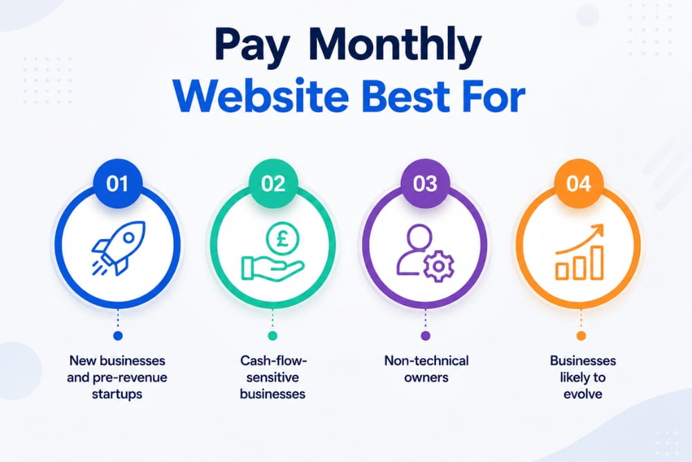 Infographic showing pay monthly websites best for startups and non-technical owners