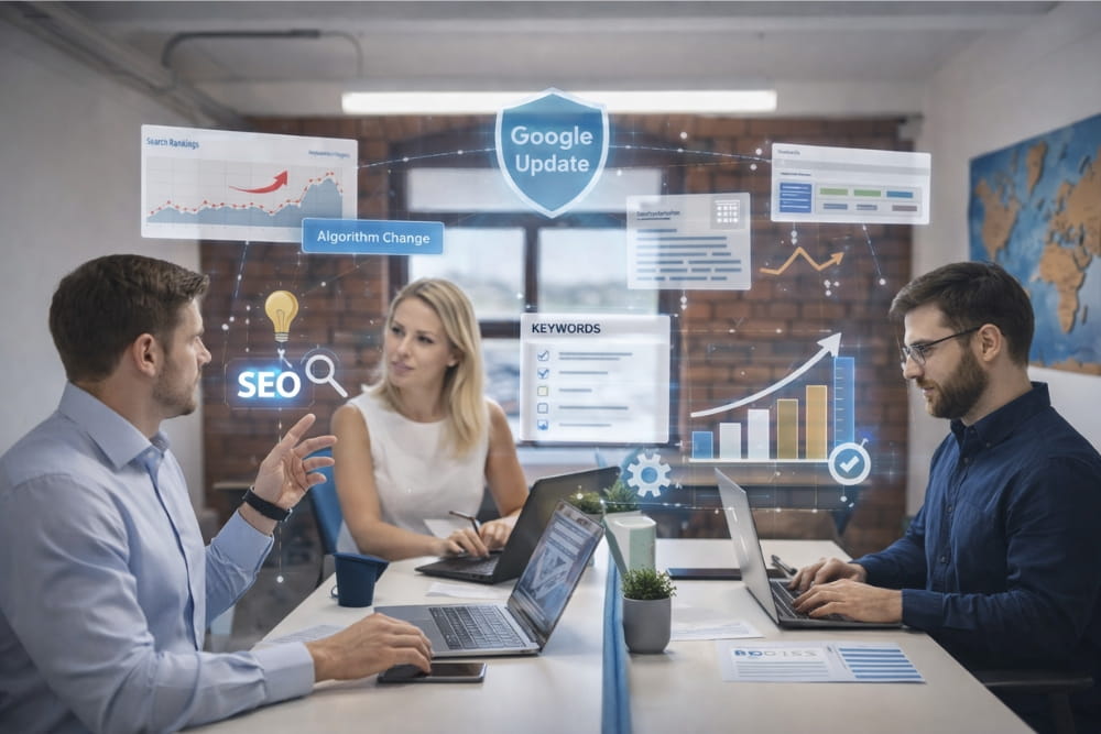 SEO agency professionals collaborate at a desk with digital algorithm change overlays