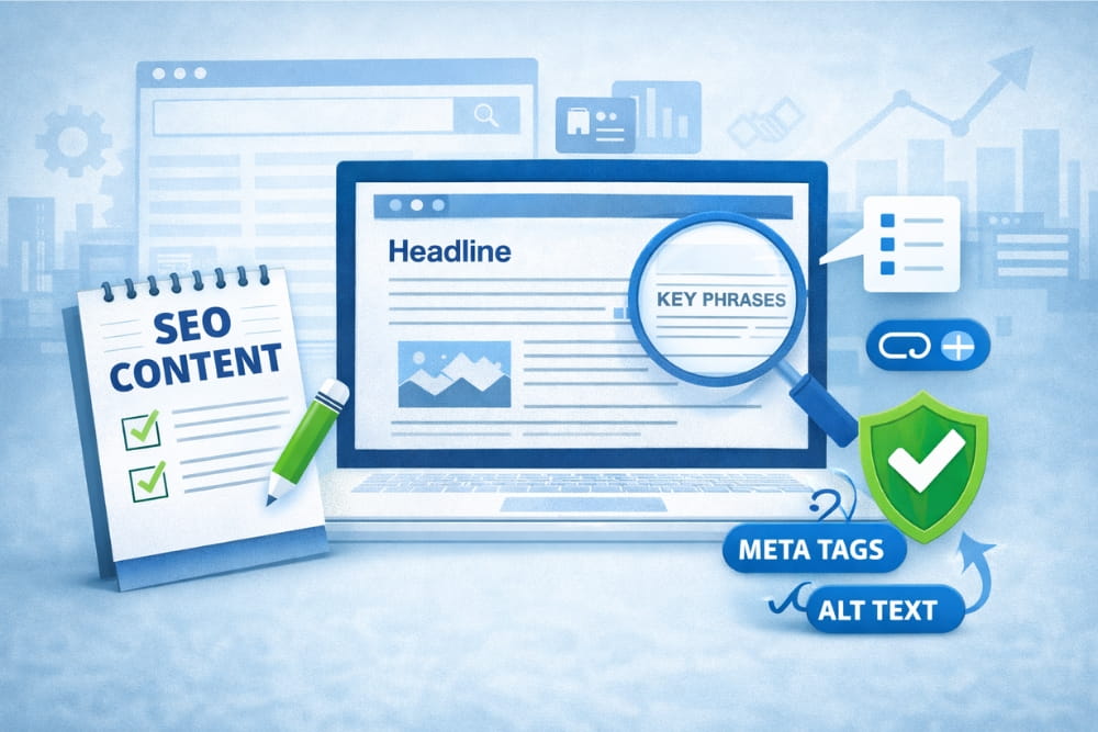 Illustration of a laptop and checklist highlighting the 3 Cs of SEO Content