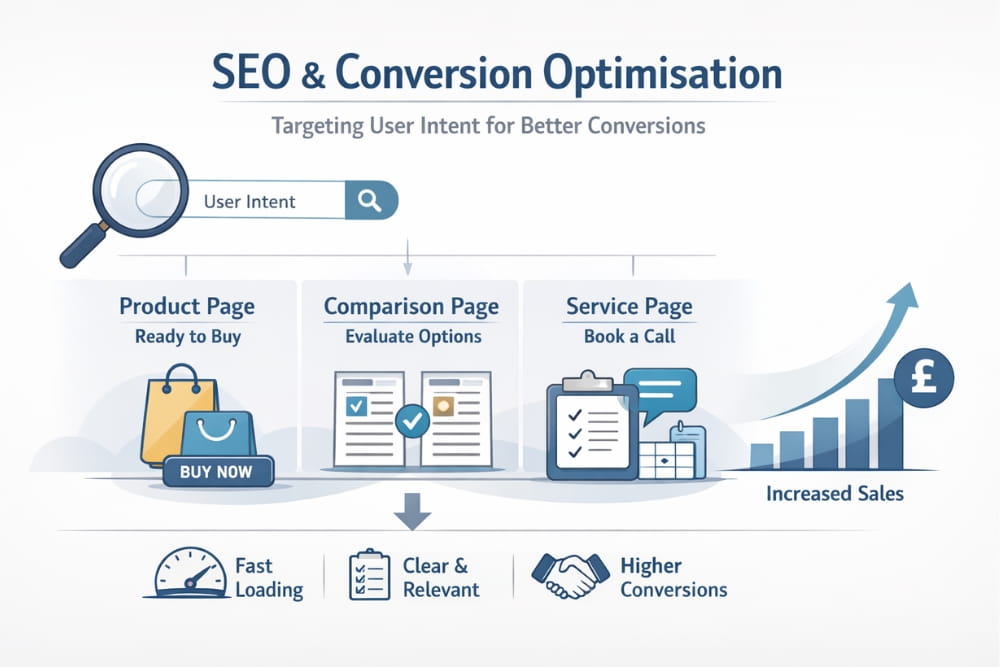 Illustration showing how matching user intent to relevant landing pages improves SEO conversion rates