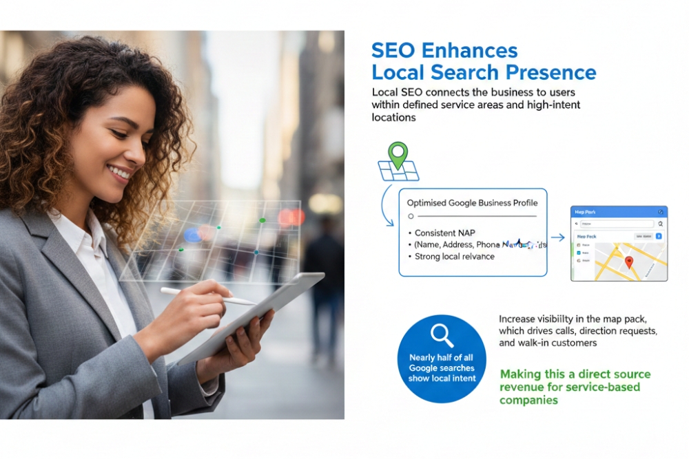 Woman uses a tablet illustrating how SEO enhances local search presence through optimized Google Business Profiles