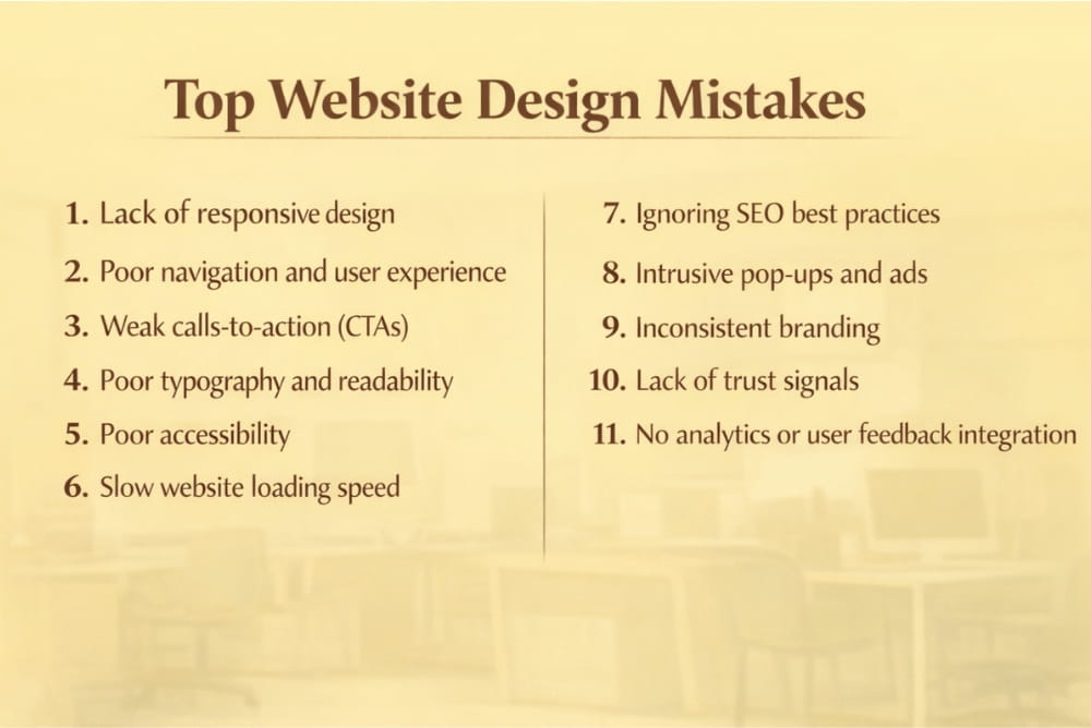 List of top web design mistakes highlighting vague website content and poor responsiveness