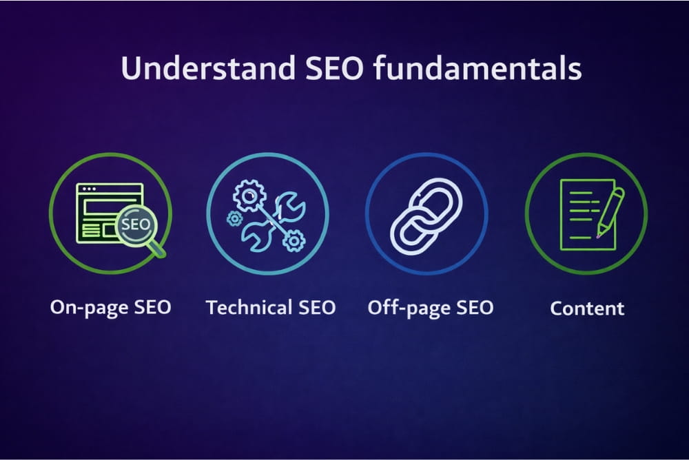 Icons illustrate on-page, technical, off-page SEO, and content to understand SEO fundamentals for choosing seo agency