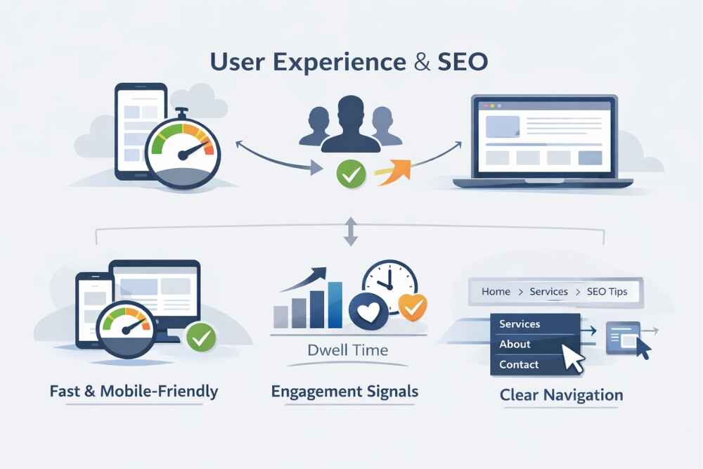 Illustration mapping user experience factors like mobile-friendliness, engagement, and clear navigation