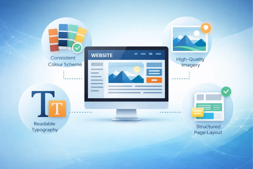 Desktop monitor illustration showcasing core visual design and layout principles for websites